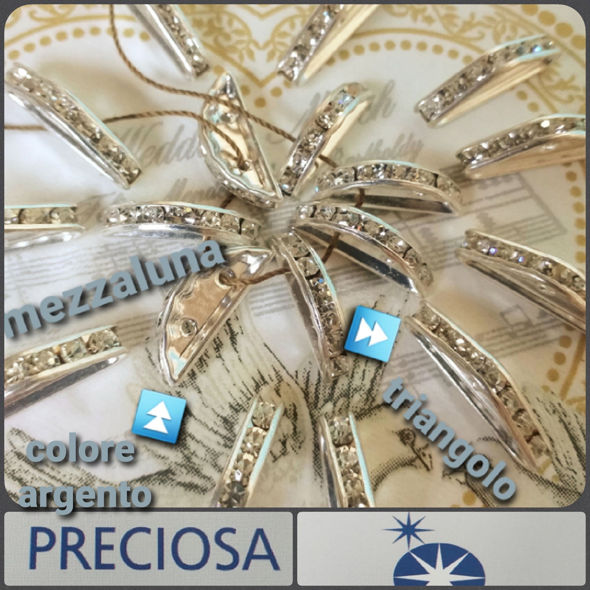 colore argento mezzaluna triangolo Preciosa czech crystal strass bigiotteria componenti ponti distanziali intramezzi con brillantini di cristallo