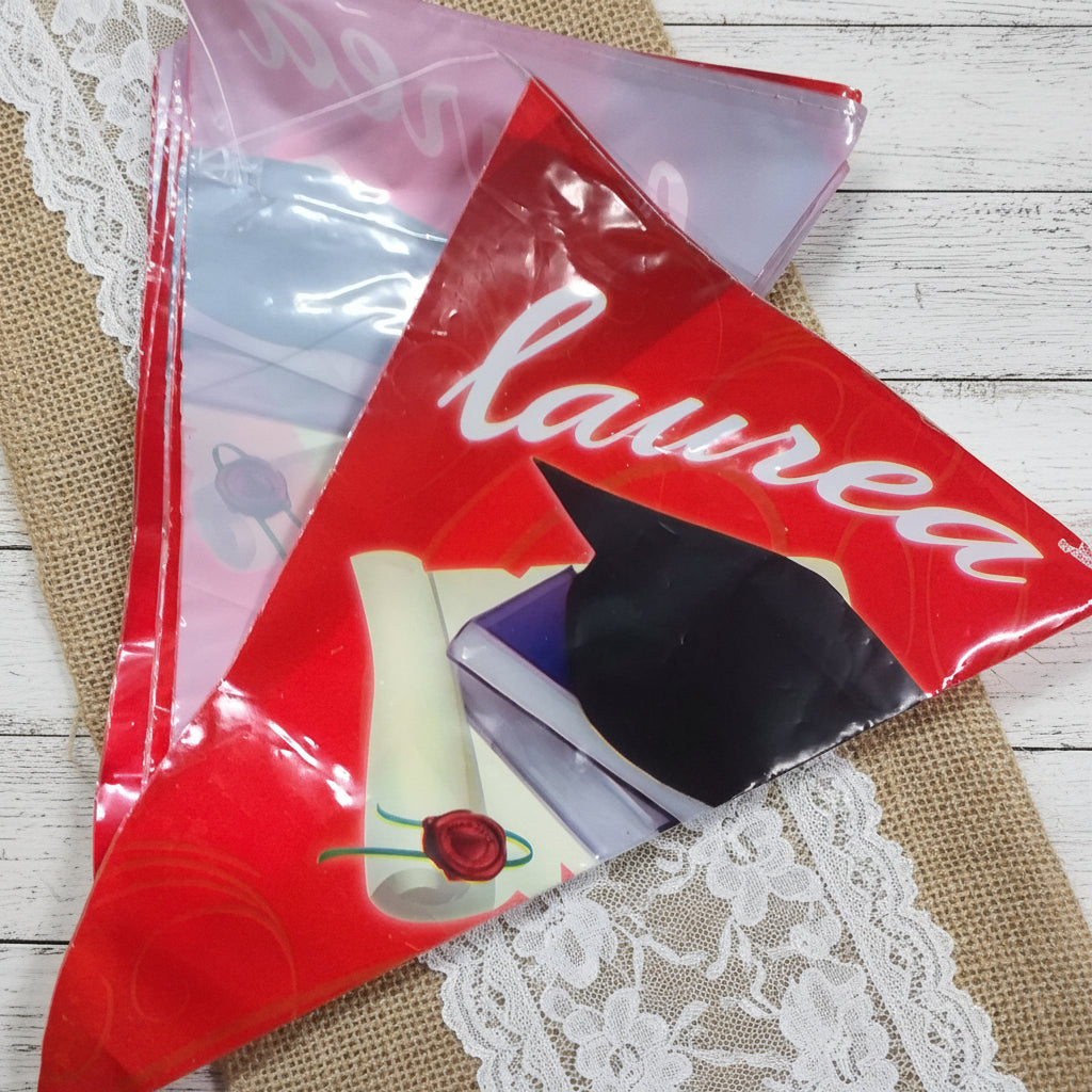 striscione di bandierine festone laurea pergamena simboli tesi cappello tocco nero per decorazione festa
