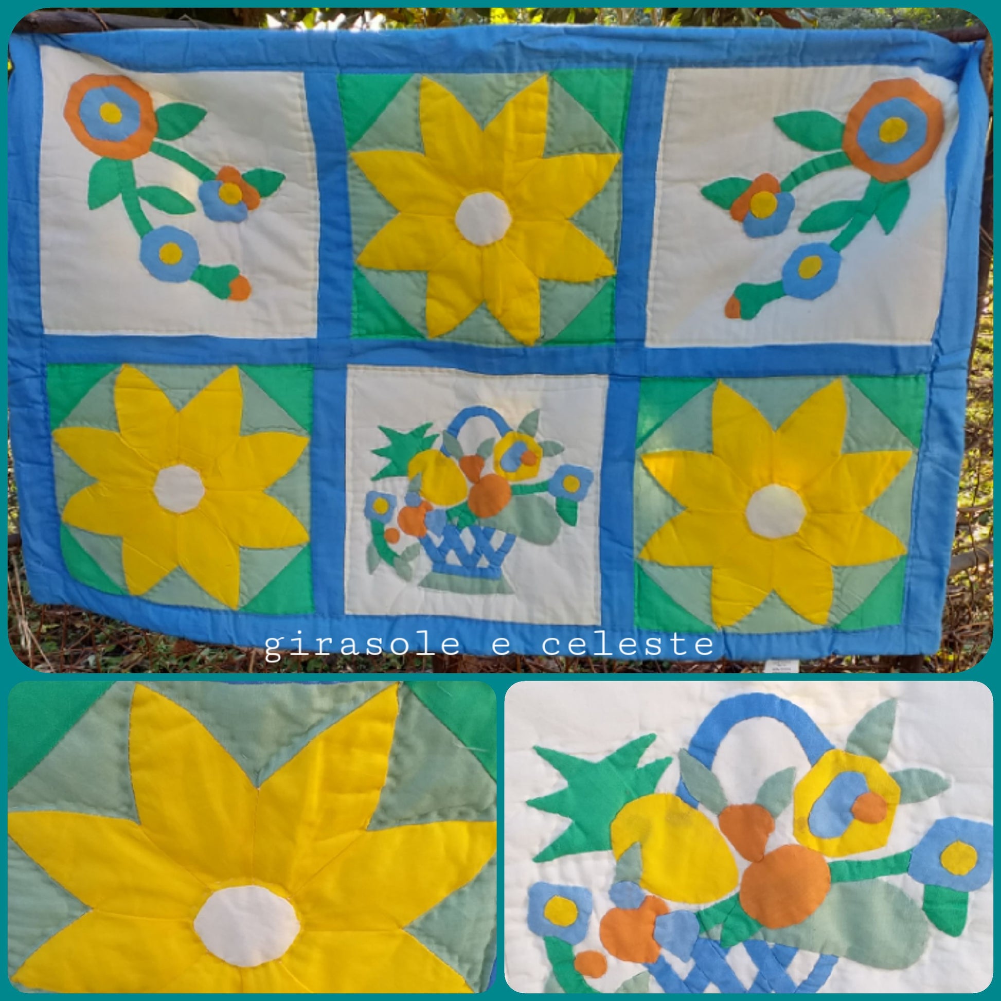 Frutta girasoli celeste tappeto piccolo economico patchwork quilt biancheria casa Fiera del Bianco scendiletto arazzo cucina soggiorno salotto camera