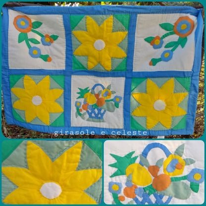 Frutta girasoli celeste tappeto piccolo economico patchwork quilt biancheria casa Fiera del Bianco scendiletto arazzo cucina soggiorno salotto camera