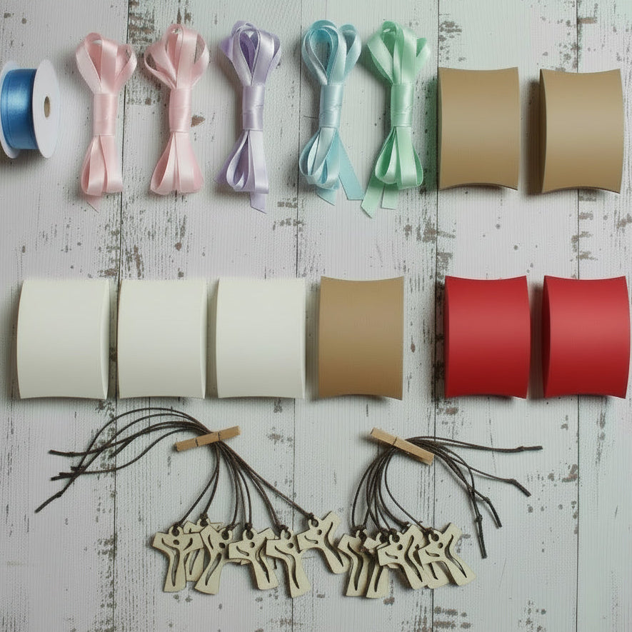 kit fai da te bustine Tau Croce legno ciondolo collana cordoncino marrone bomboniera Santa Cresima Prima Comunione confezionata confetti bigliettino nastro coccarda bianco