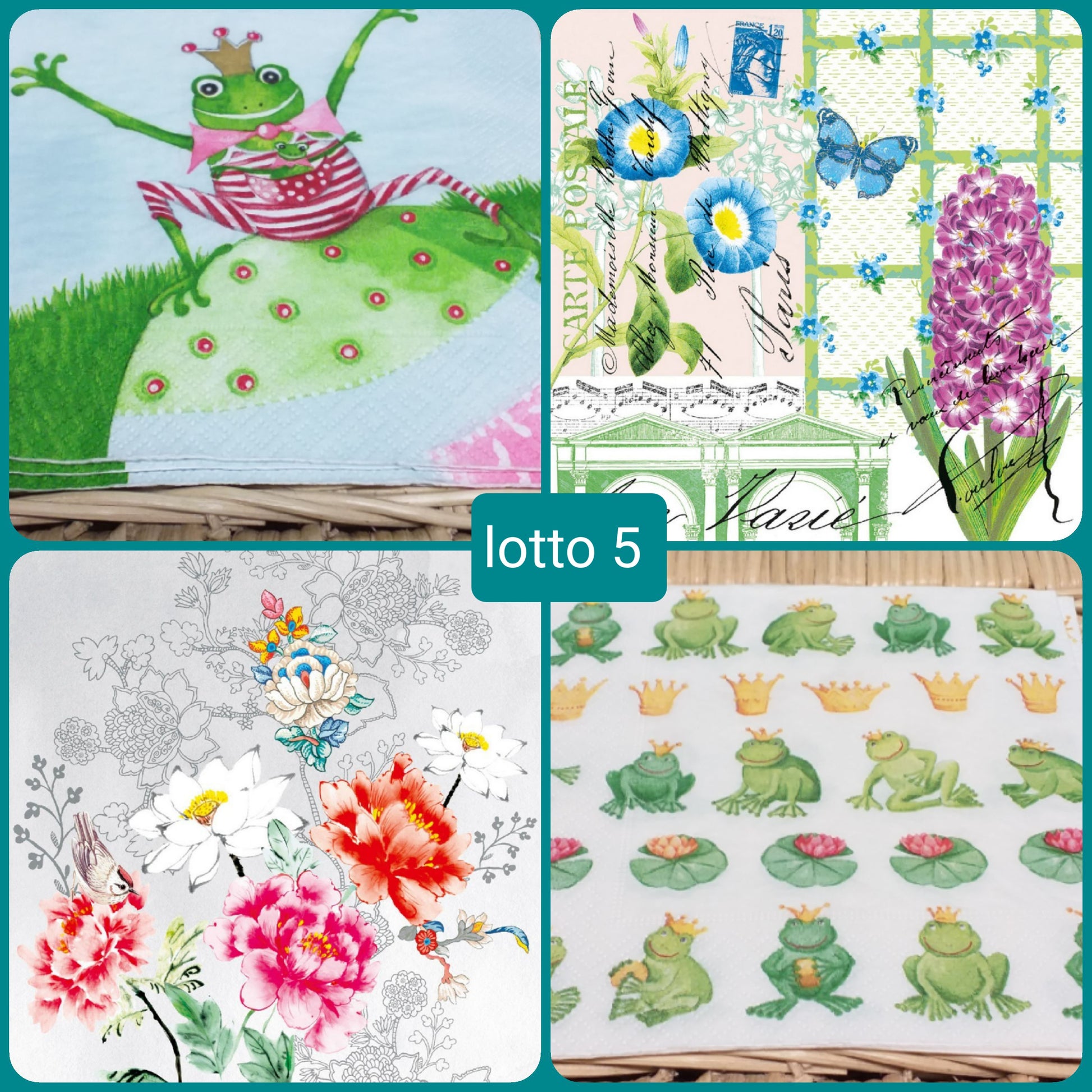 offerta lotto 5 rana e principe ranocchio giacinto scritte farfalla fiorellini genzianella silouette peonie rose margherite tovaglioli carta decoupage Pasquale