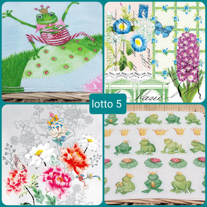 offerta lotto 5 rana e principe ranocchio giacinto scritte farfalla fiorellini genzianella silouette peonie rose margherite tovaglioli carta decoupage Pasquale