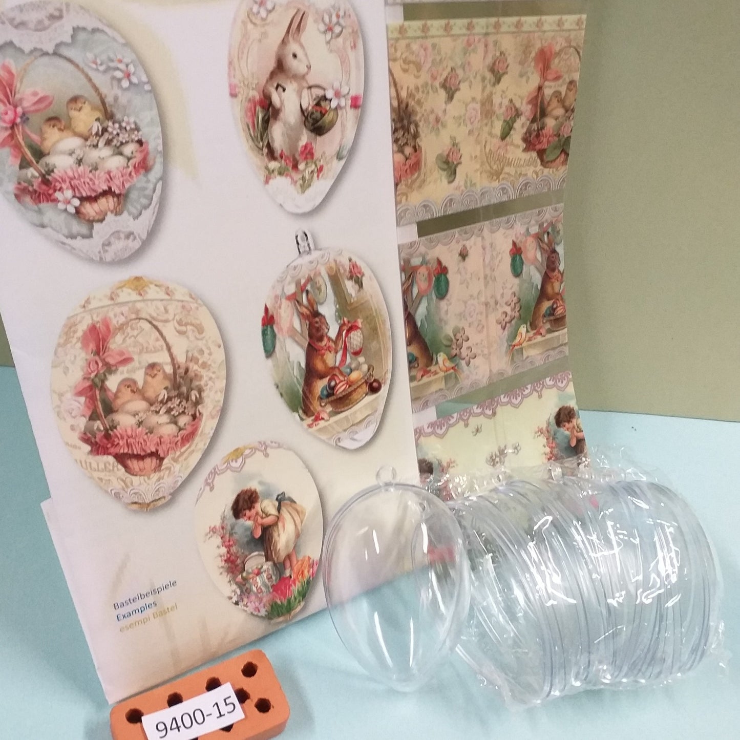 kit ovetti e uccellini coniglietti fiori assortimento romantica gioiosa Pasqua figurine tubolari fascette di pellicola termoretraibile trasferibili découpage termomodellabile di uova Pasquali in plastica vetro plexiglass acrilico ceramica di gallina cera