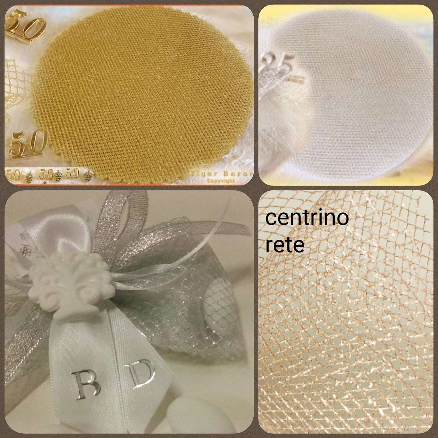 centrini tondi tulle a rete fai da te bomboniere anniversario matrimonio sacchetti nozze d'argento confetti dei 25 anni e d'oro per 50 anni idea gessetto