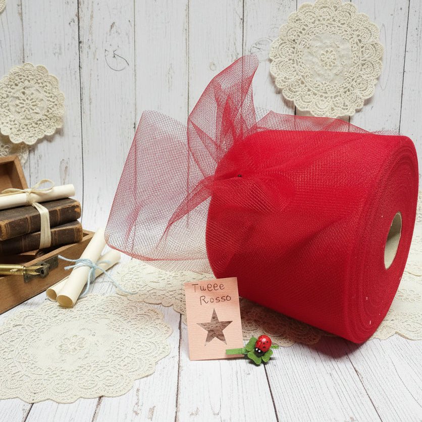rotolo tulle velo filet classico a nastro 10 cm rosso bomboniere laurea fai da te uso portaconfetti confezionamento regalo Natale San Valentino festa della mamma