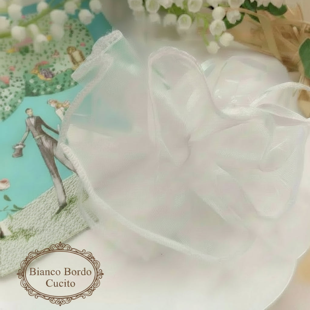 bianco sacchetti portaconfetti centrini organza bomboniere fai da te doppio tulle velo tirante nastrino uso facile confezione confetti matrimonio prima comunione battesimo nascita