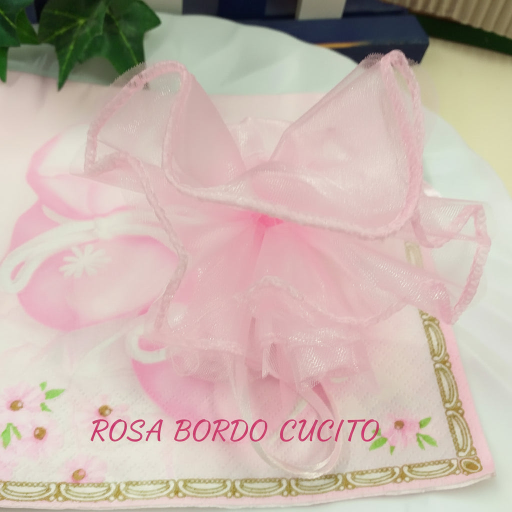 rosa sacchetti portaconfetti centrini organza bomboniere fai da te doppio tulle velo tirante nastrino uso facile confezione confetti matrimonio prima comunione battesimo nascita laurea