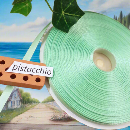 verde pistacchio vendita al metro di nastro doppio raso made in Italy colori speciali uso confezionare bomboniere fai da te pacchi regalo hobbistica come passamaneria packaging vetrinistica